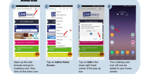 Android: Open up the web browser and go to Livebrary.com. Click on the menu icon. Tap on Add to Home Screen. Tap on Add in the lower right hand corner of the popup box. The Livebrary.com icon will now be added to your home screen.