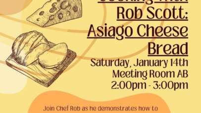 the westhampton free library presents cooking with rob scott: asiago cheese bread saturday, january 14th meeting room ab 2:00pm - 3:00pm join chef rob as he demonstrates how to make delicious asiago cheese bread! ready to take home and bake. don't miss this savory treat and fun games! registration required. one registration per family. register in-person, by phone, or online at: https://westhamptonlibrary.librarymarket.com/event/cooking-rob-scott-asiago-cheese-bread