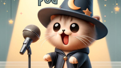 Cat in a wizard costume talking in a microphone